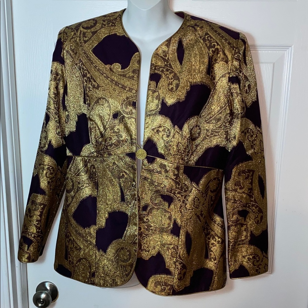 Vintage Karen Lawrence Women's Gold and Purple Jacquard Patterned Jacket Size 12